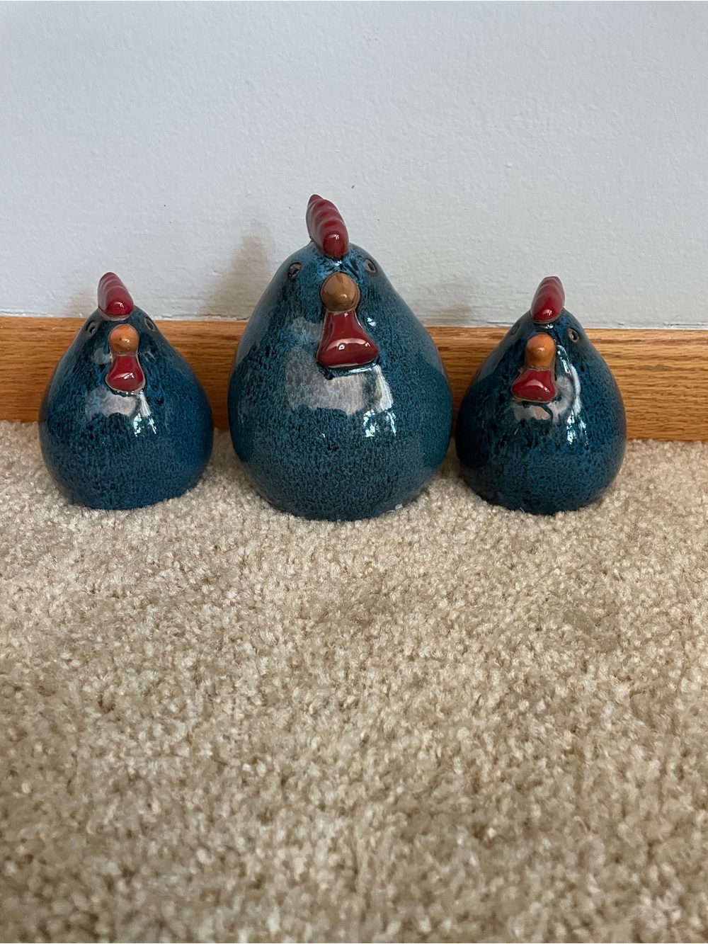 Set of 3 Blue Ceramic Rooster Figurines